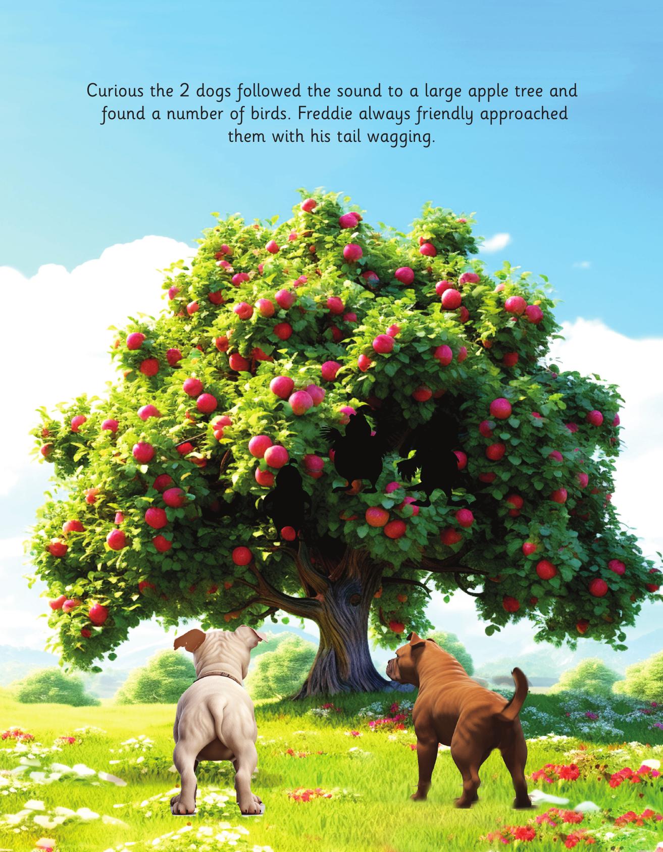 An illustrated page showing Freddie and George exploring an apple tree